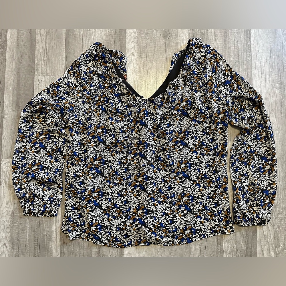 Skies Are Blue BOHO Long Sleeve Floral Bubble Sleeve V‎ Neck Blouse Size Medium - Picture 10 of 16